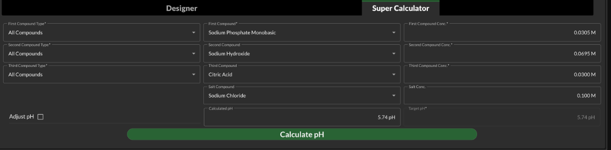 The Super Calculator solving a four-component buffer — Sodium Phosphate Monobasic, Sodium Hydroxide, Citric Acid, and Sodium Chloride — to a calculated pH of 5.74